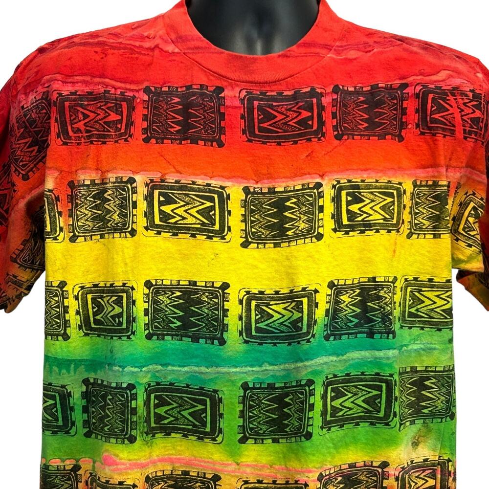 Vintage 90s Tribal Aztec Striped T Shirt Red Tie Dye Mayan African Mens L Large